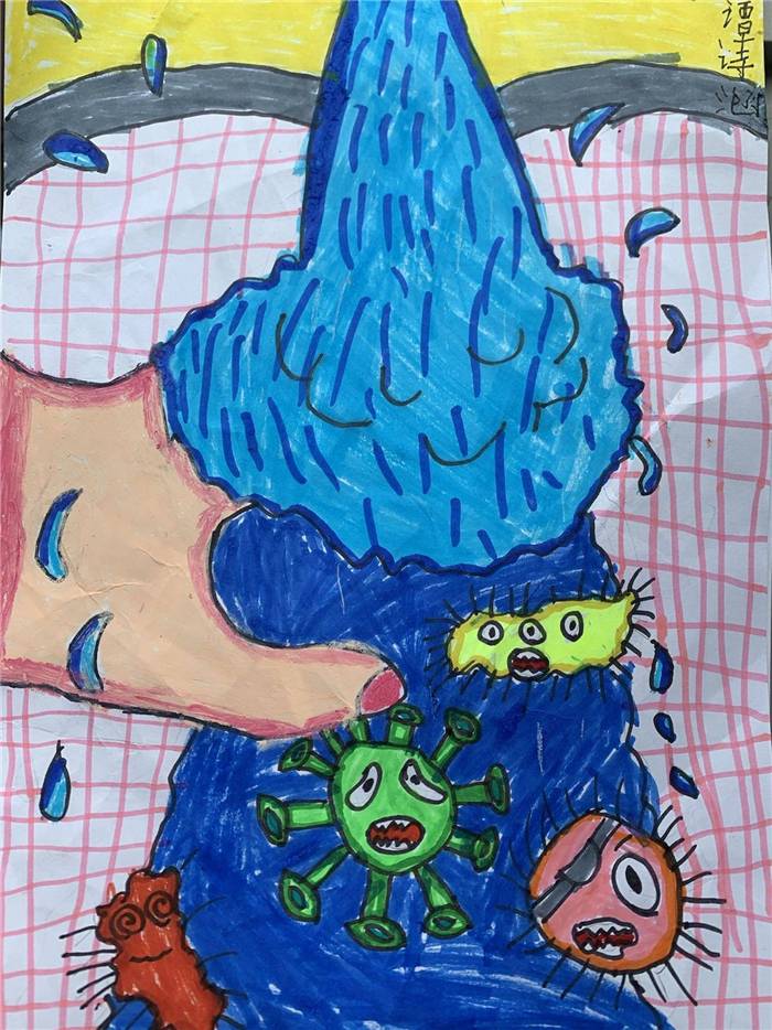 大良实验小学，一年（8）谭诗涵。画的内容是要勤洗手，把病毒细菌赶走。.jpg